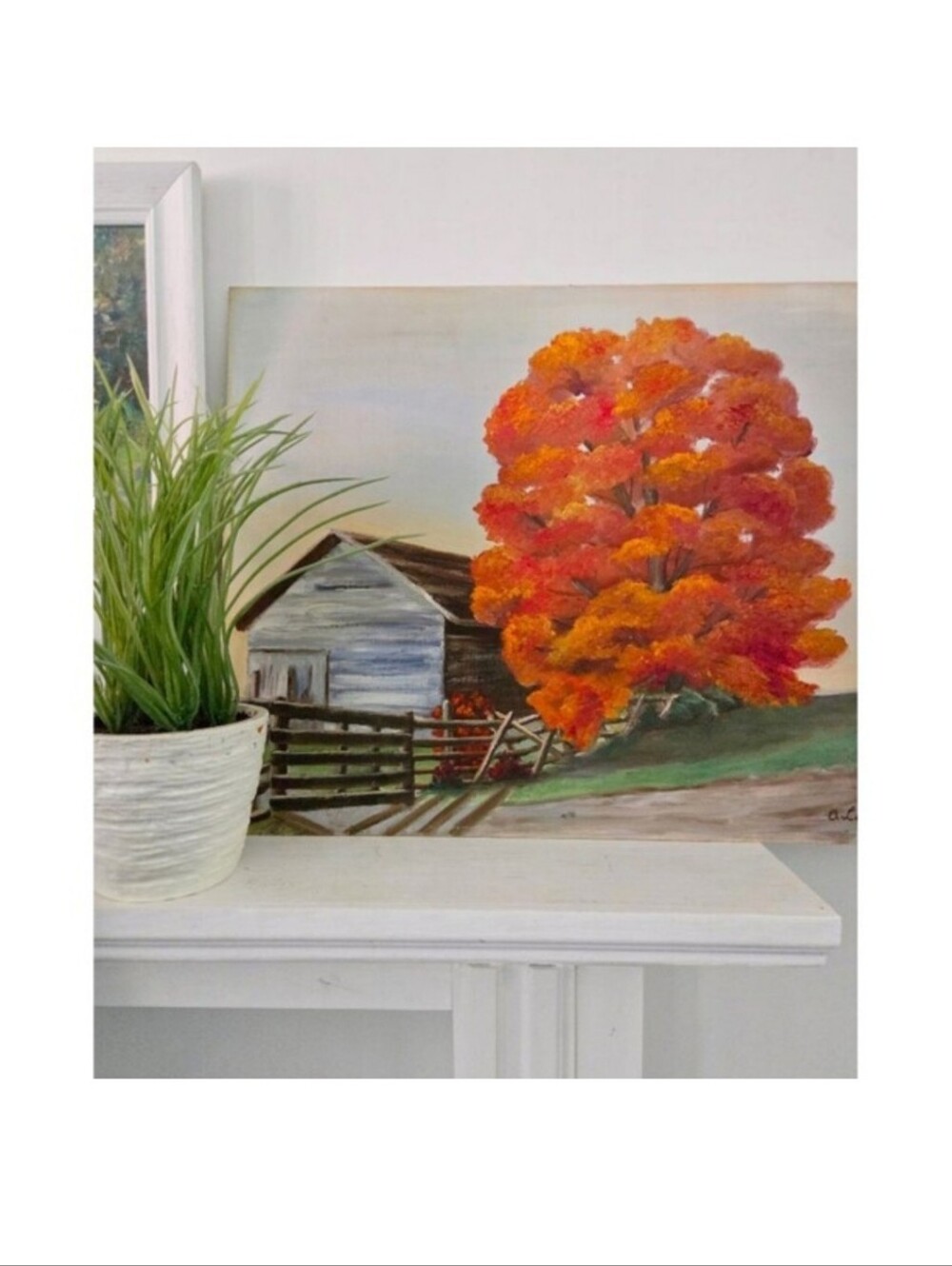 Signed vintage acrylic landscape painting textured art fall scene unframed 20x16